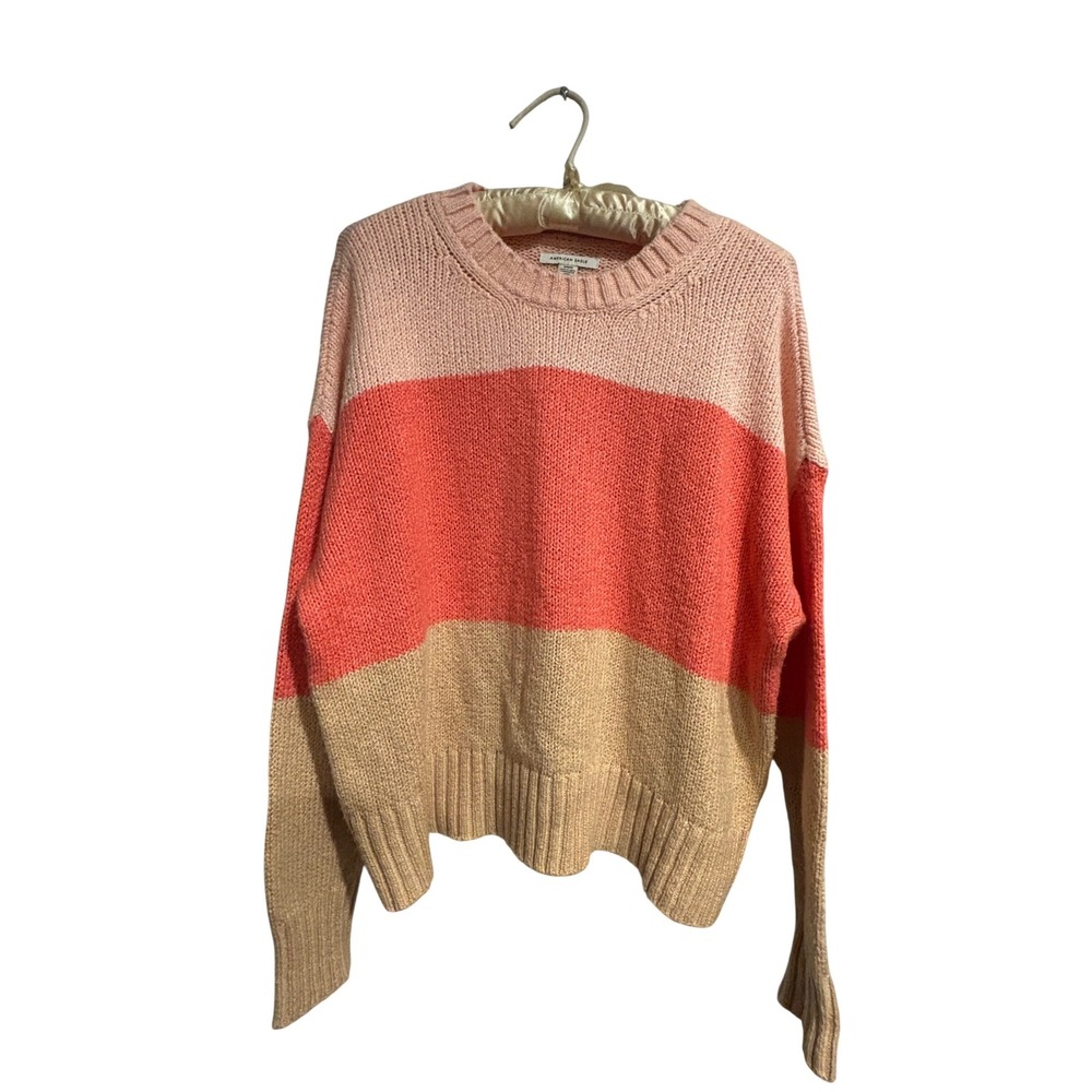 American Eagle Colorblock Crewneck Sweater Pink Coral Tan Womens Medium